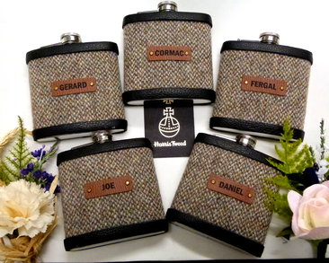 Granary Harris Tweed flask with names on leather labels