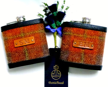 Harris Tweed Russet/ burnt orange flasks with initials