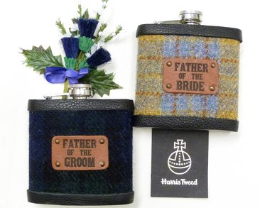 Black Watch and Denim blue/mustard Harris Tweed flasks