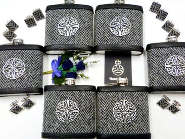 Six Harris Tweed celtic flasks with six pairs of matching cufflinks