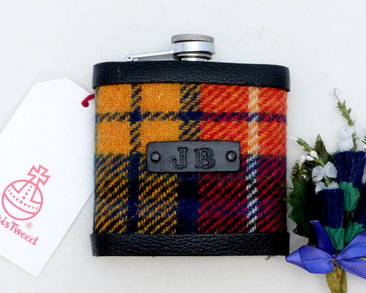 Harris Tweed Buchanan Tartan flask with hand embossed initials