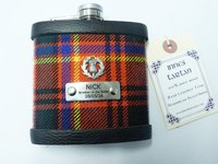 Your family or clan Tartan hip flask with thistle and custom engraved stainless steel tag with any name, date, motto etc.