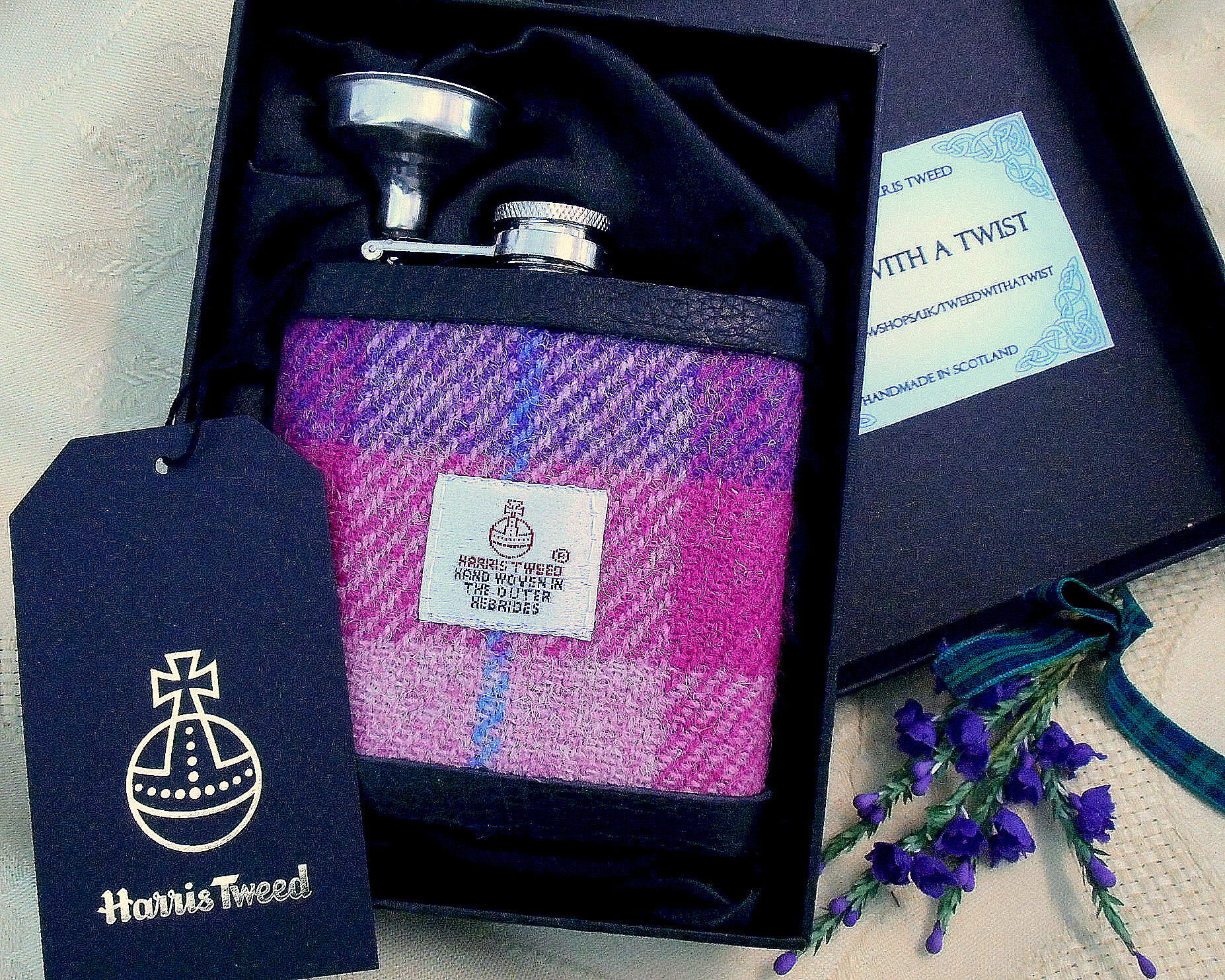Bridesmaid gifts set of 3,4,5 or 6 , choice of Pinks / purples,  Harris Tweed hip flasks Scottish  luxury gift,   for wedding favour or hen party