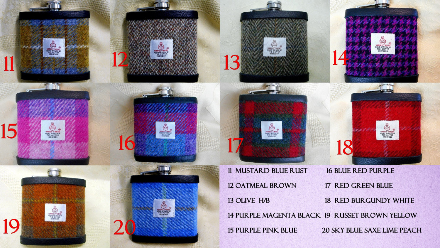 Gift for Dad Harris Tweed hip flask , Scottish luxury gift for retirement, birthday or Christmas  in choice of any tweed with real leather label