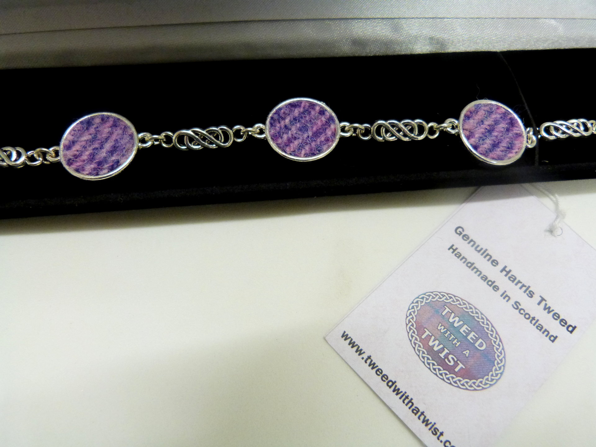 Lilac and pink Harris Tweed bracelet with celtic infinity knots made in Scotland , Christmas or birthday gift womens or bridesmaid jewellery