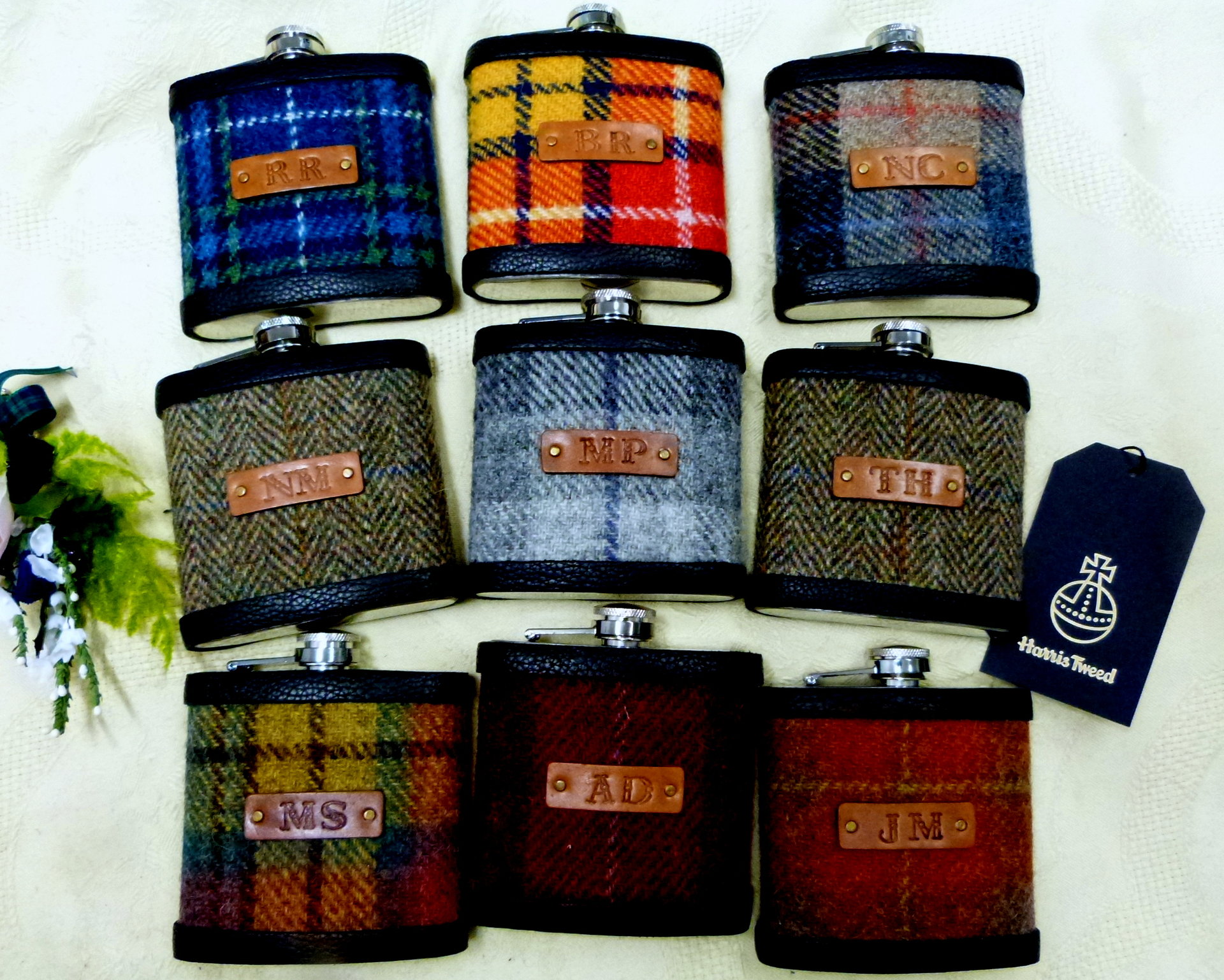 Harris Tweed  Hip Flasks  with initials embossed on black or brown leather labels for Best Man,  Father of Bride or groomsmen, Scottish luxury gift sets of 3-6
