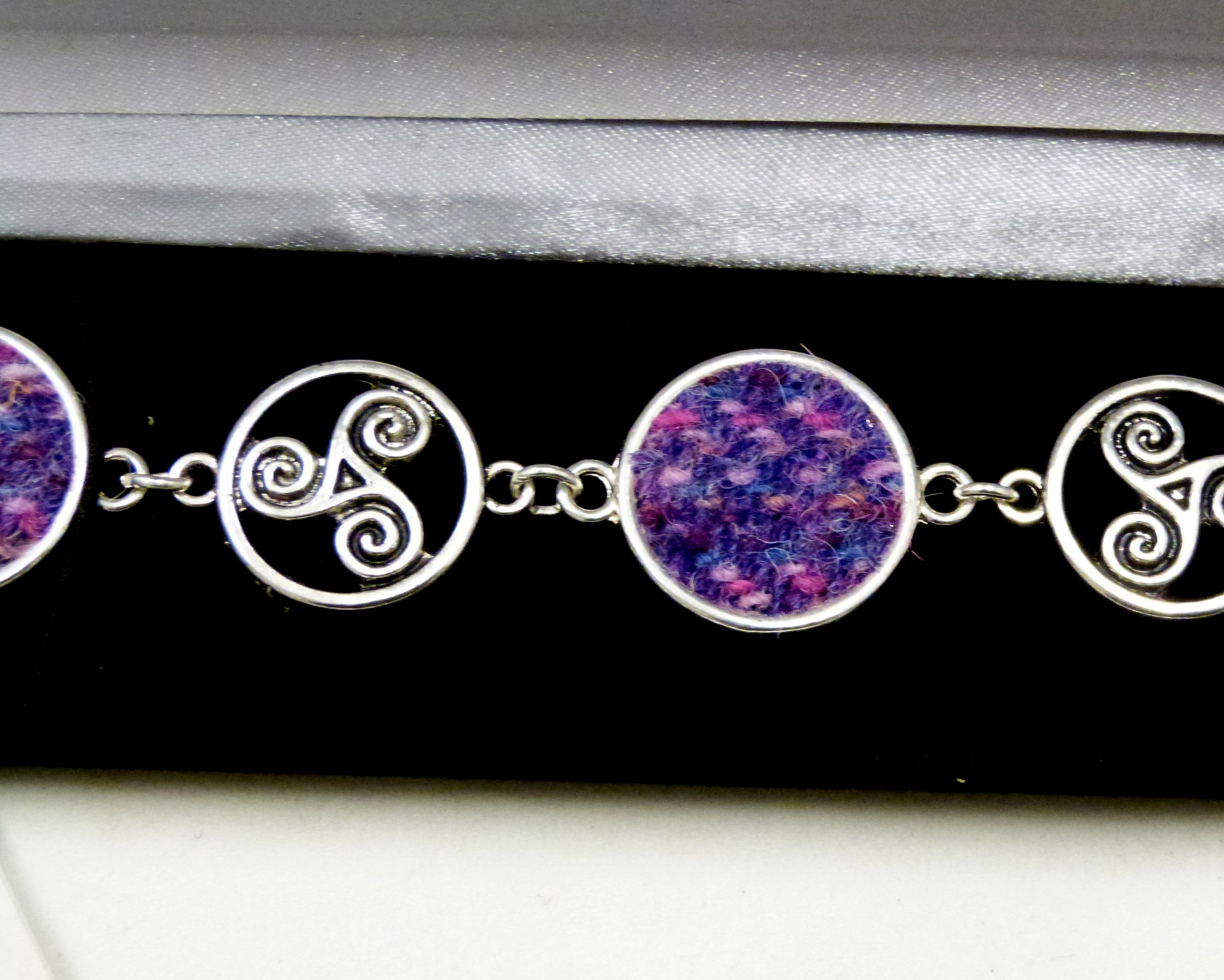 Purple / pink Harris Tweed bracelet with celtic triple spiral feature, triskeles , made in Scotland , Christmas or birthday gift womens or bridesmaid jewellery