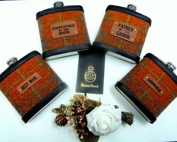 Harris Tweed set of flasks for autumn wedding