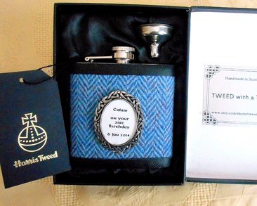 Blue Herringbone Harris Tweed flask with inscription in celtic pewter setting