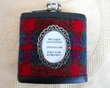 Red and Green tartan harris tweed hip flask with inscription in celtic pewter setting