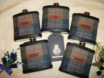 Blue, beige and red Harris Tweed with names