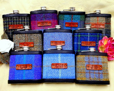 Ten Harris tweed flasks with initialss