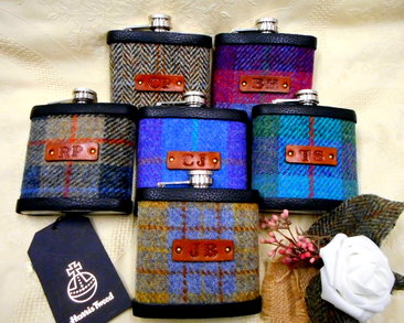 Set of Six Harris Tweed flasks with initials embossed on leather
