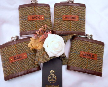 Set of four Harris Tweed flasks with Groomsmen's names