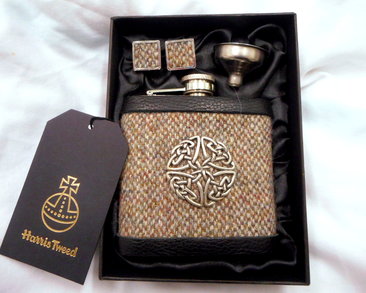 Celtic pewter knot Harris Tweed flask and cufflinks