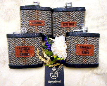 Harris Tweed Flasks in Autumn Harvest with etched leather labels