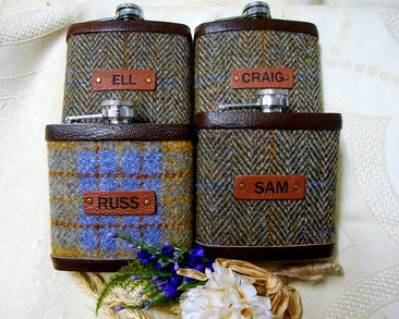 Harris Tweed flasks with names for the Groomsmen