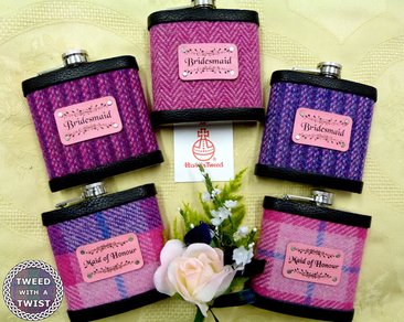 Five Bridesmaids flasks in different Harris Tweeds