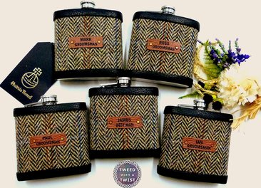 Harris Tweed Hip flasks autumn harvest. With name and role.