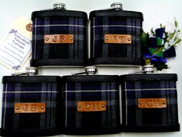 Hebridean Thistle tartan flasks with hand embossed leather initials