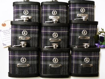 Set of nine groomsmens flasks in hebridean Heather tartan