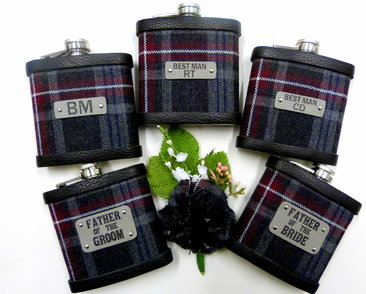 Five Tartan flasks to match the wedding kilts