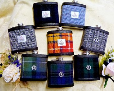 Set of Groomsmen's flasks in assorted tweeds and tartans