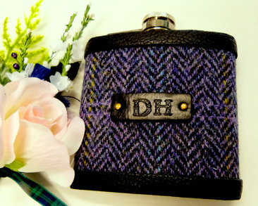 Harris Tweed flask, Purple Heather herringbone weave with hand embossed initials on black leather
