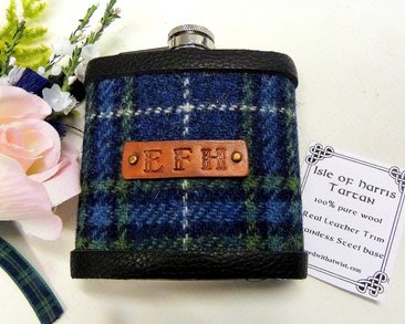 Harris Tweed flask in Isle of Harris tartan with hand embossed initials