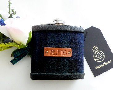 Harris Tweed flask in Black Watch tartan with hand embossed initials