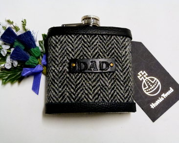 Traditional grey herringbone Harris Tweed flask, with hand embossed leather label for Dad