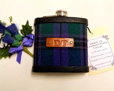 Spirit of Bannockburn Tartan flask with initials hand embossed on leather