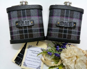 Lomond Mist tartan flasks with embossed black leather initials