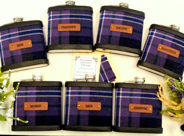 Seven flasks in Scotland Forever tartan