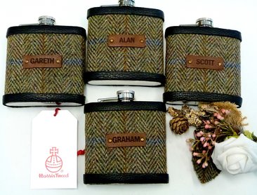 Olive green herringbone Harris Tweed flasks with names