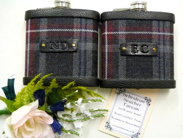 Hebridean Heather tartan flasks with initials