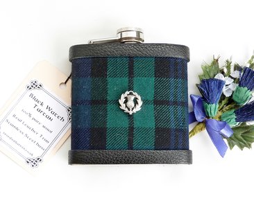 Black Watch tartan flask with Scottish thistle