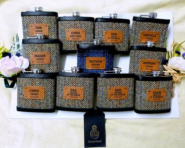 Set of 11 Harris Tweed flasks for the wedding party.