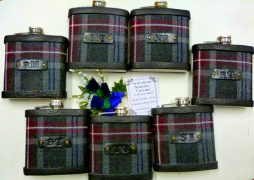 Hebridean Heather tartan, seven flasks to match wedding kits