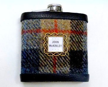 HARRIS tWEED FLASK WITH NAME PLAQUE