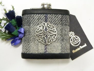 Grey Harris Tweed flask with Celtic shield