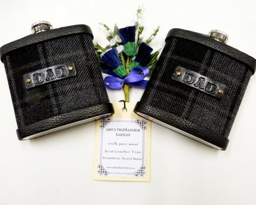 Grey Highlander tartan with hand embossed leather labels.