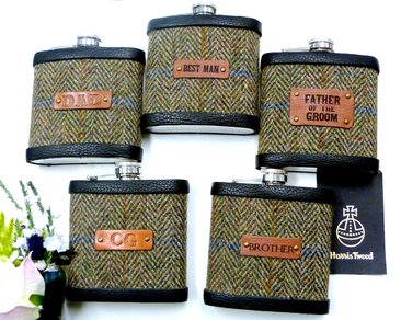 Autumn Harvest Harris  tweed flasks with leather labels