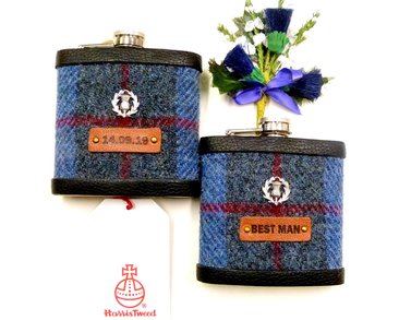 Harris Tweed flasks wih pewter thistles and custom leather labels