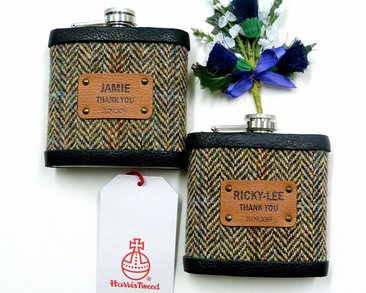 Set of two Harris Tweed flasks with custom leather labels