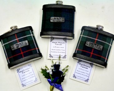 Custom leather hand embossed initials on tartan flasks