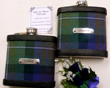 Two personalised Isle of Skye Flasks with custom engraved names
