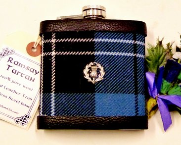 Blue Ramsay tartan flask with hand cast pewter thistle