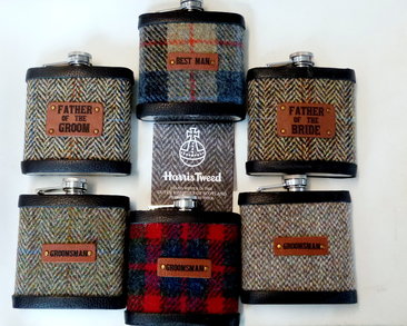 Groomsmens gifts, set of six Harris Tweed flasks with leather role labels