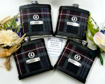 Hebridean Heather flasks with Scottish thistle and engraved names